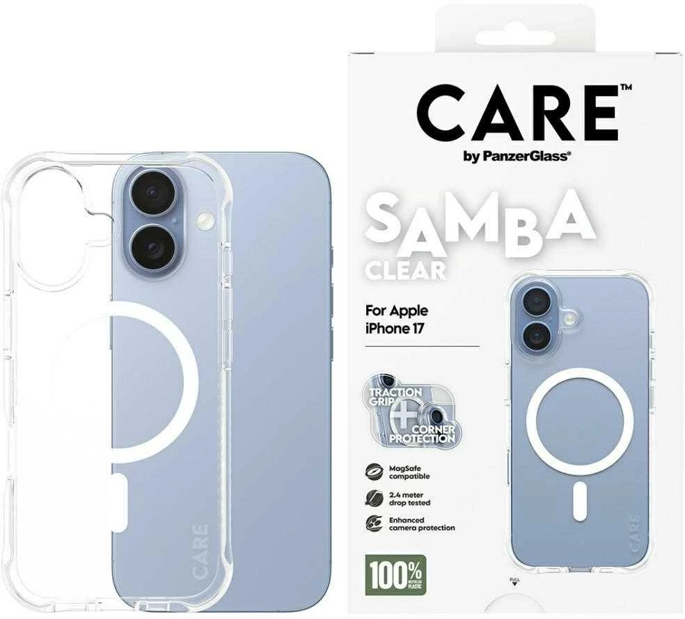 „Panzer Glass CARE by PanzerGlass“ madingas „Samba“ dėklas su „Baltas MagSafe“, skirtas „iPhone 17“ – permatomas