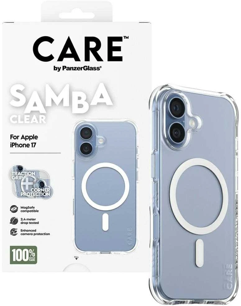„Panzer Glass CARE by PanzerGlass“ madingas „Samba“ dėklas su „Baltas MagSafe“, skirtas „iPhone 17“ – permatomas