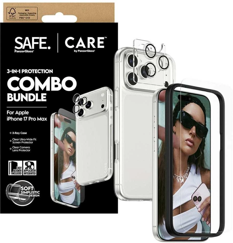 Panzer Glass „CARE by PanzerGlass“ madingas „Combo 3in1“ dėklas + stiklas + objektyvas, skirtas „iPhone 17 Pro Max“