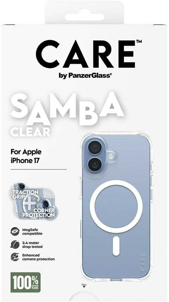„Panzer Glass CARE by PanzerGlass“ madingas „Samba“ dėklas su „Baltas MagSafe“, skirtas „iPhone 17“ – permatomas