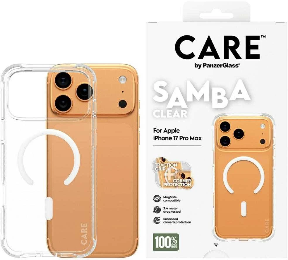 „Panzer Glass CARE by PanzerGlass“ madingas „Samba“ su baltu „MagSafe iPhone 17 Pro Max“ apsauginiu stikliuku