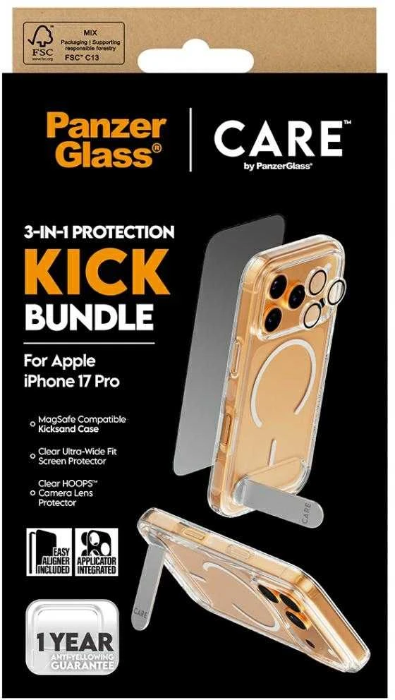 Panzer Glass „CARE by PanzerGlass Feature Kick 3in1“ dėklas + stiklas + objektyvo apsaugos rinkinys, skirtas „iPhone 17 Pro“