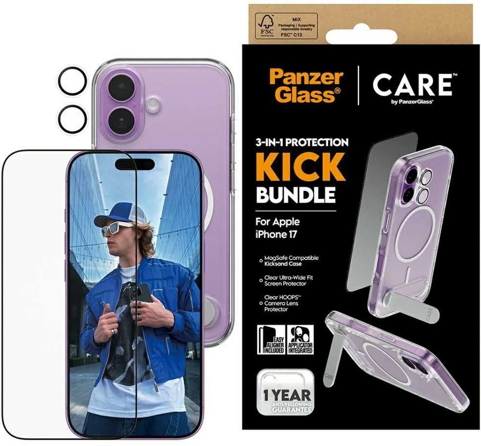 Panzer Glass „CARE by PanzerGlass Feature Kick 3in1“ dėklas + stiklas + objektyvas, skirtas „iPhone 17“