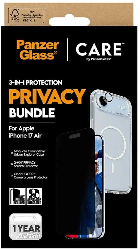 Panzer Glass „CARE by PanzerGlass“ flagmaninis „Privacy 3-in-1“ dėklas + privatumo stiklas + objektyvas, skirtas „iPhone Air“