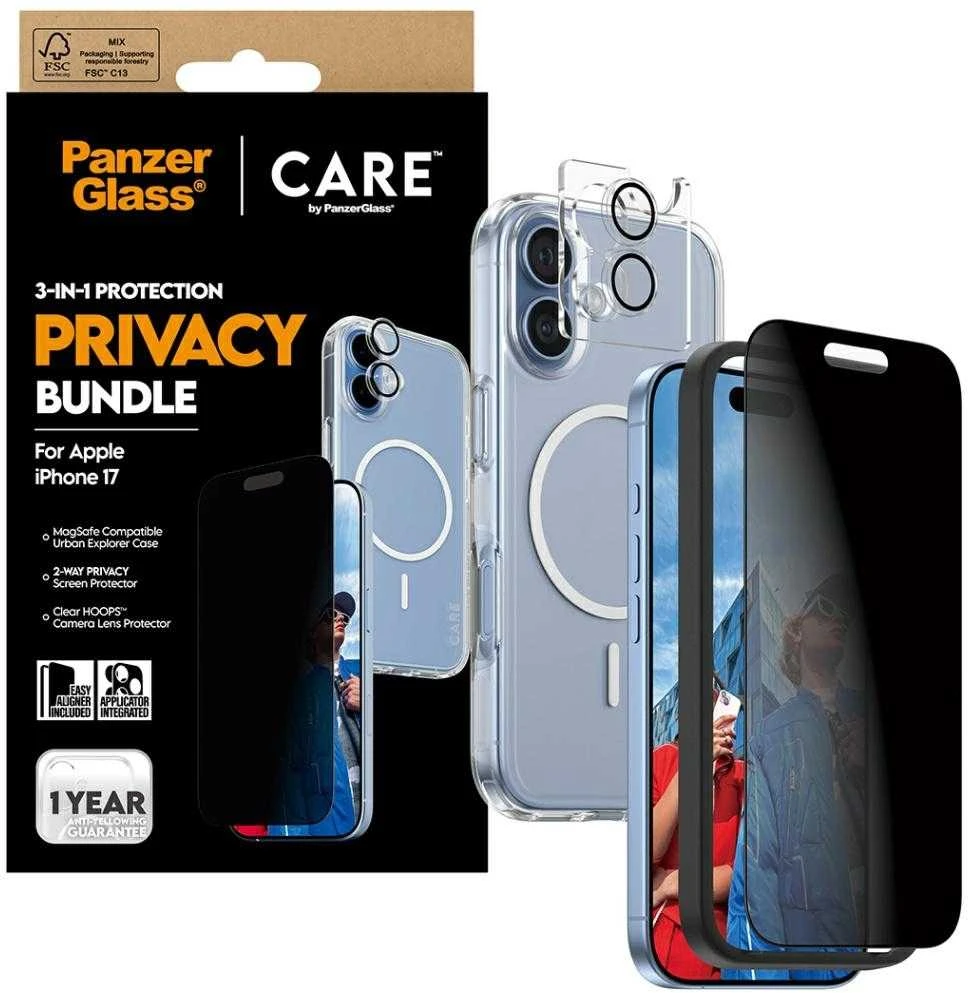 Panzer Glass „CARE by PanzerGlass“ flagmaninis „Privacy 3-in-1“ dėklas + privatumo stiklas + objektyvas, skirtas „iPhone 17“