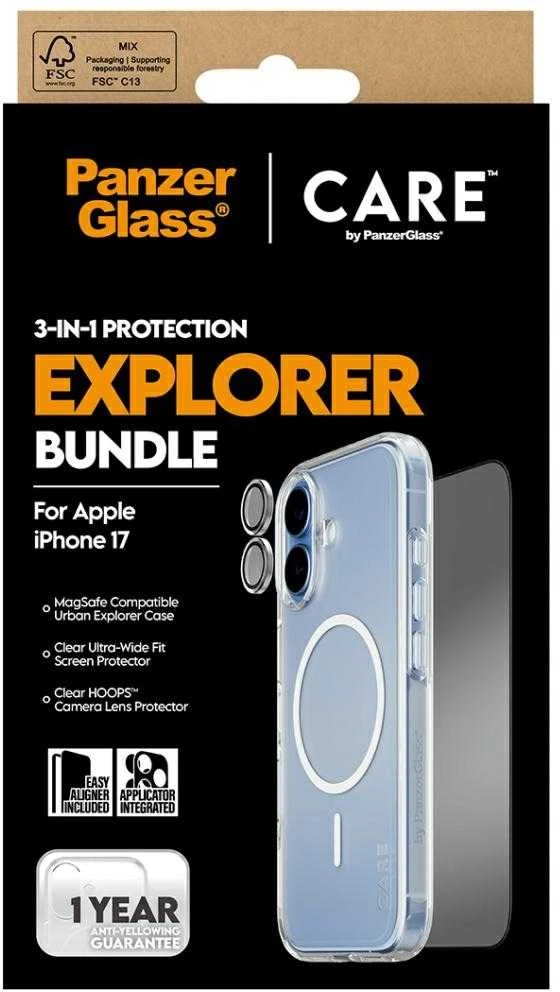 „Panzer Glass CARE by PanzerGlass Flagship Explorer 3in1“ dėklas + stiklas + objektyvas, skirtas „iPhone 17“