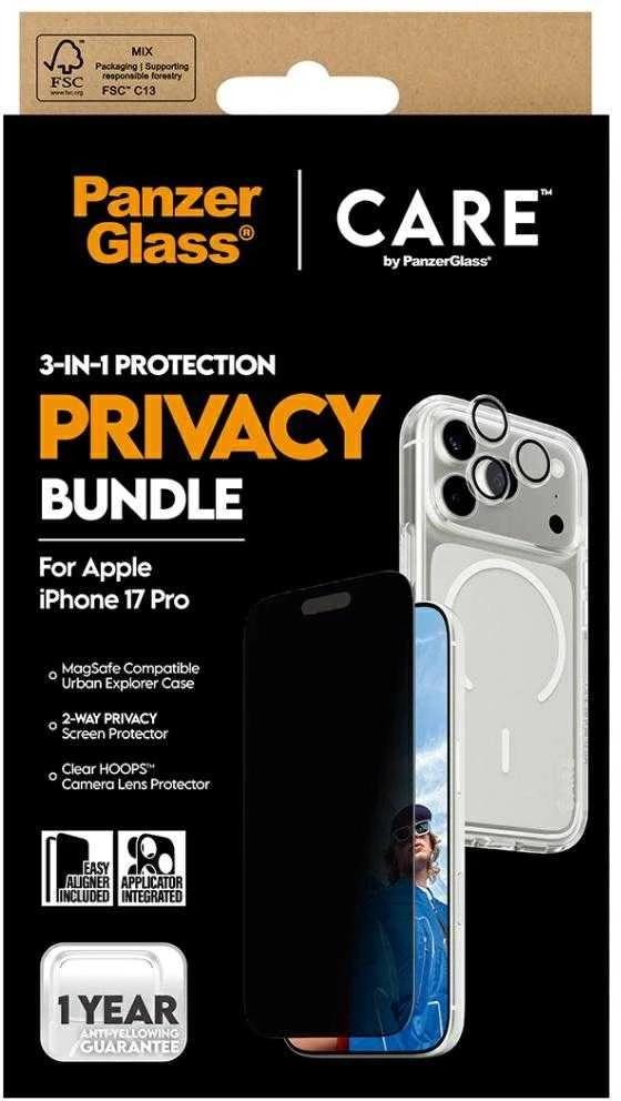 Panzer Glass „CARE by PanzerGlass“ flagmaninis „Privacy 3-in-1“ dėklas + privatumo stiklas + objektyvas, skirtas „iPhone 17 Pro“