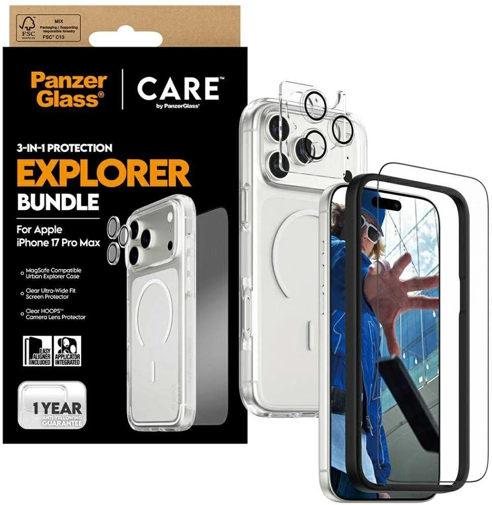 „Panzer Glass CARE by PanzerGlass Flagship Explorer 3in1“ dėklas + stiklas + objektyvas, skirtas „iPhone 17 Pro Max“.
