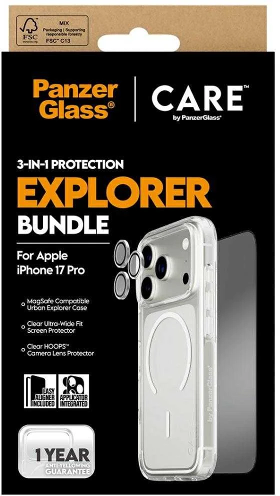 Panzer Glass „CARE by PanzerGlass Flagship Explorer 3 viename“ dėklas + stiklas + objektyvo apsaugos rinkinys, skirtas „iPhone 17 Pro“