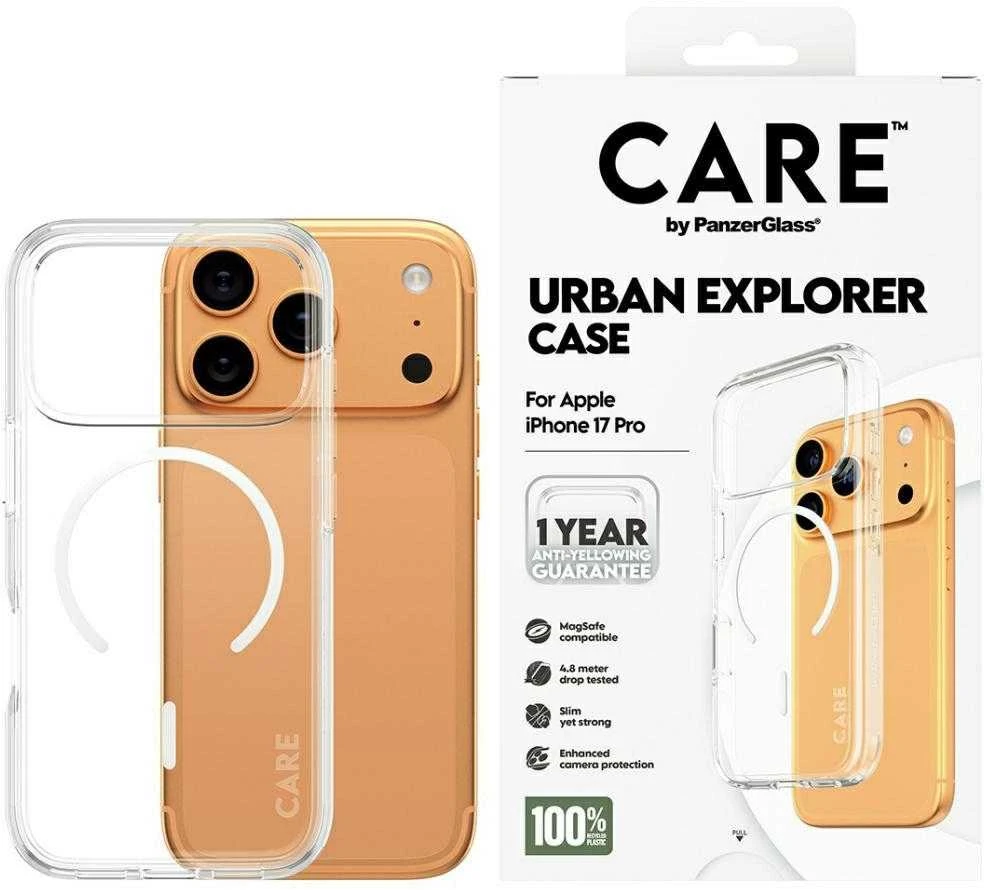 „Panzer Glass CARE by PanzerGlass Flagship Urban Explorer“ dėklas su „Baltas MagSafe“, skirtas „iPhone 17 Pro“ – permatomas