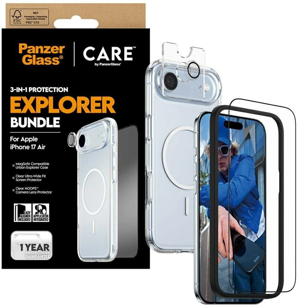 Panzer Glass „CARE by PanzerGlass Flagship Explorer 3-in-1“ dėklas + stiklas + objektyvas, skirtas „iPhone Air“