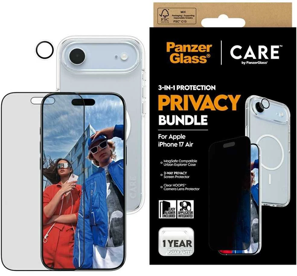 Panzer Glass „CARE by PanzerGlass“ flagmaninis „Privacy 3-in-1“ dėklas + privatumo stiklas + objektyvas, skirtas „iPhone Air“