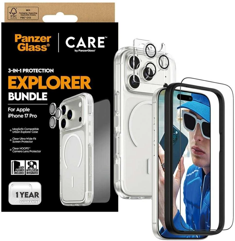 Panzer Glass „CARE by PanzerGlass Flagship Explorer 3 viename“ dėklas + stiklas + objektyvo apsaugos rinkinys, skirtas „iPhone 17 Pro“