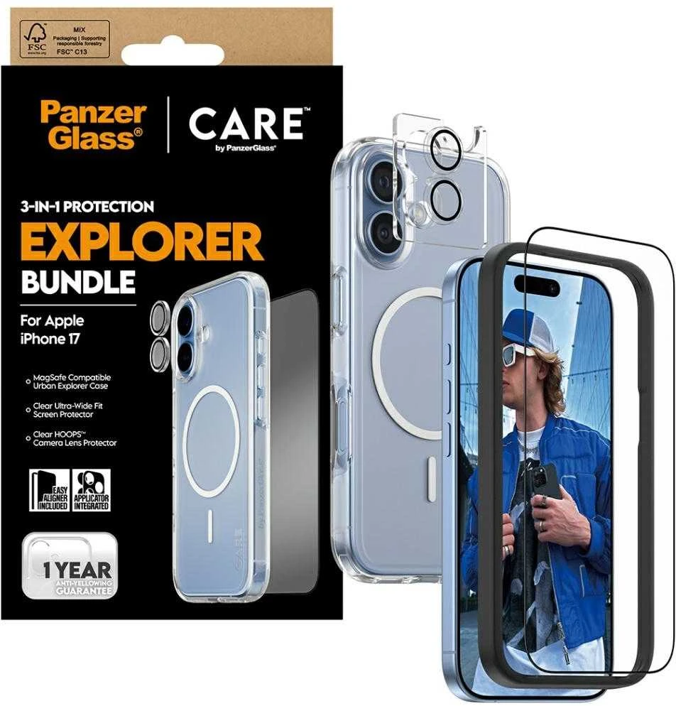„Panzer Glass CARE by PanzerGlass Flagship Explorer 3in1“ dėklas + stiklas + objektyvas, skirtas „iPhone 17“