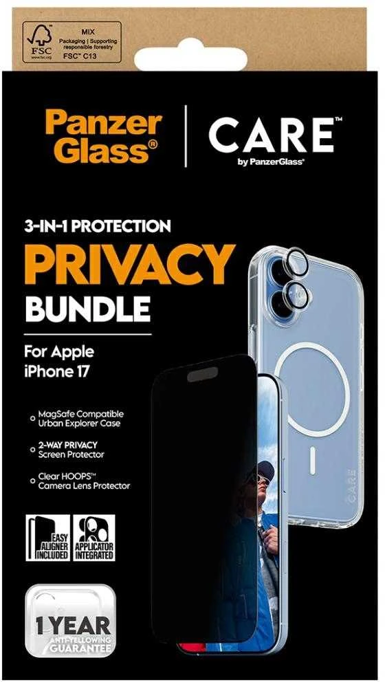 Panzer Glass „CARE by PanzerGlass“ flagmaninis „Privacy 3-in-1“ dėklas + privatumo stiklas + objektyvas, skirtas „iPhone 17“