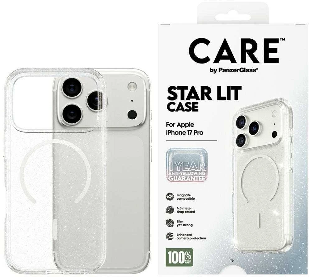 „Panzer Glass CARE by PanzerGlass Flagship Urban Explorer“ dėklas su „Baltas MagSafe“, skirtas „iPhone 17 Pro“ – skaidrūs blizgučiai