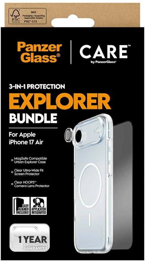 Panzer Glass „CARE by PanzerGlass Flagship Explorer 3-in-1“ dėklas + stiklas + objektyvas, skirtas „iPhone Air“