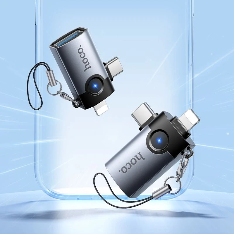 Adapteris OTG 2in1 Lightning / USB C į USB A Hoco UA46D Victory pilka