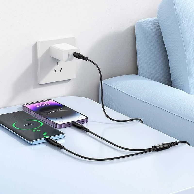 Laidas 2in1 USB C į USB C+Lightning Hoco 1 m X123 juodas