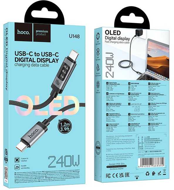 Duomenų kabelis su skaitmeniniu ekranu USB A į USB C Hoco PD 6A 100W 1,2 m U148 juodas