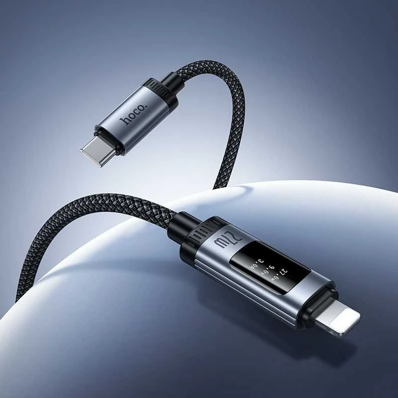 Duomenų kabelis su skaitmeniniu ekranu USB C - Lightning Hoco PD 27W 1,2 m U148 juodas