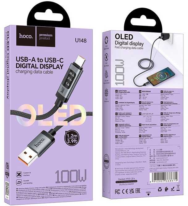 Duomenų kabelis su skaitmeniniu ekranu USB C į USB C Hoco PD 6A 240W 1,2 m U148 juodas