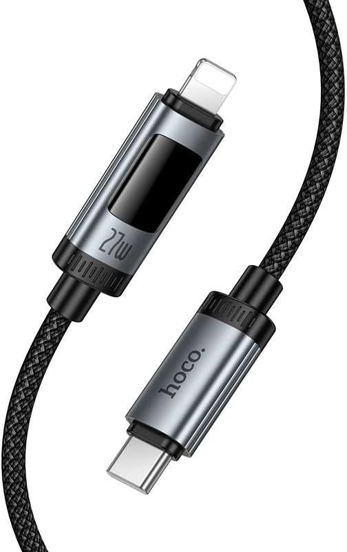 Duomenų kabelis su skaitmeniniu ekranu USB C - Lightning Hoco PD 27W 1,2 m U148 juodas