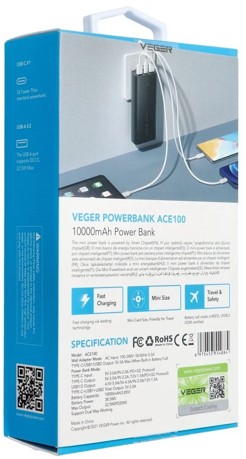Powerbank Veger ACE100 (W1146) PD QC3.0 20W 10000 mAh juodas
