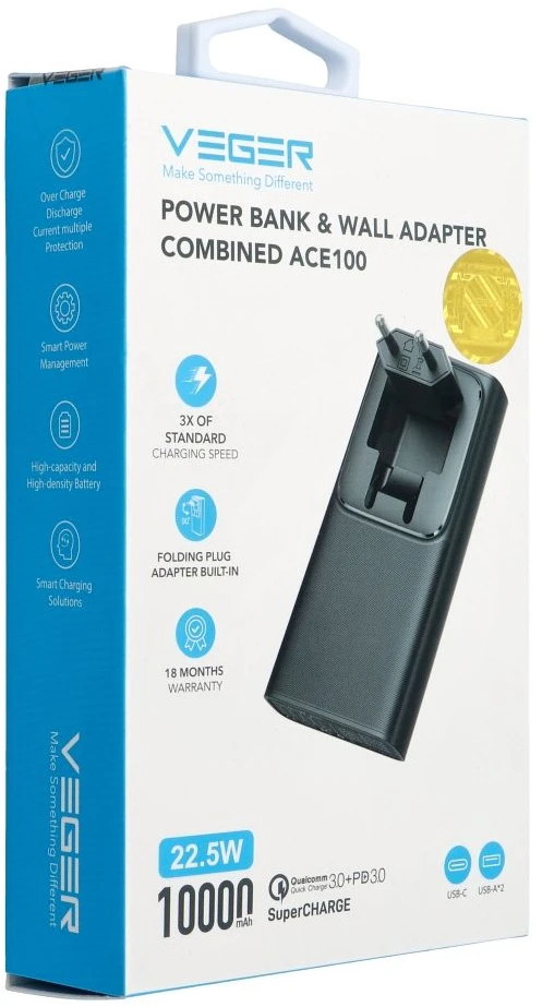 Powerbank Veger ACE100 (W1146) PD QC3.0 20W 10000 mAh juodas