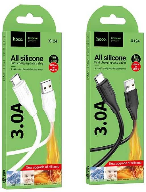 Silicone Cable USB A to USB C Hoco 3A 1 m X124 baltas