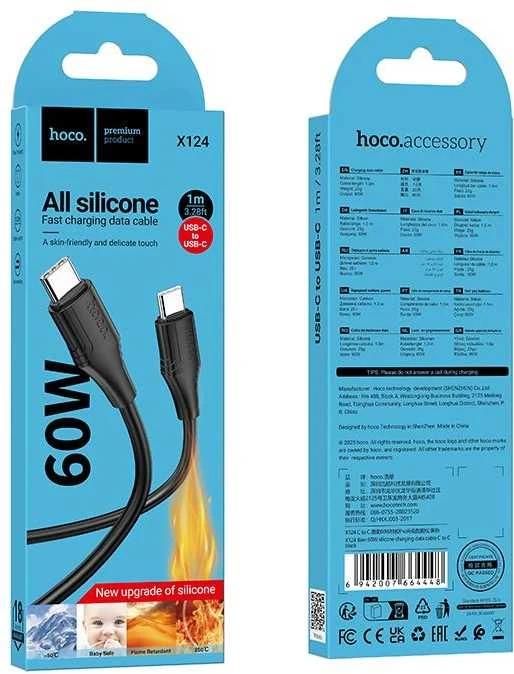 Silicone Cable USB C to USB C Hoco 3A 60W 1 m X124 juodas