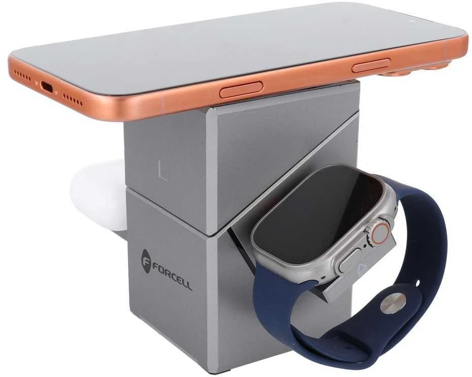 Belaidis įkroviklis Forcell F-Energy 3in1 Rotation Cube Qi2, suderinamas su MagSafe (F-06), sidabrinis