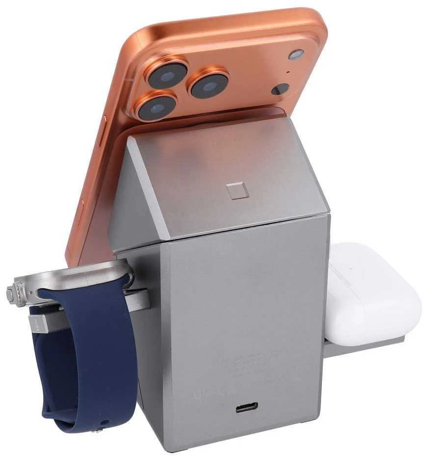 Belaidis įkroviklis Forcell F-Energy 3in1 Rotation Cube Qi2, suderinamas su MagSafe (F-06), sidabrinis