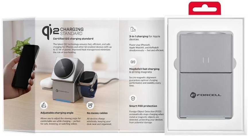 Belaidis įkroviklis Forcell F-Energy 3in1 Rotation Cube Qi2, suderinamas su MagSafe (F-06), sidabrinis