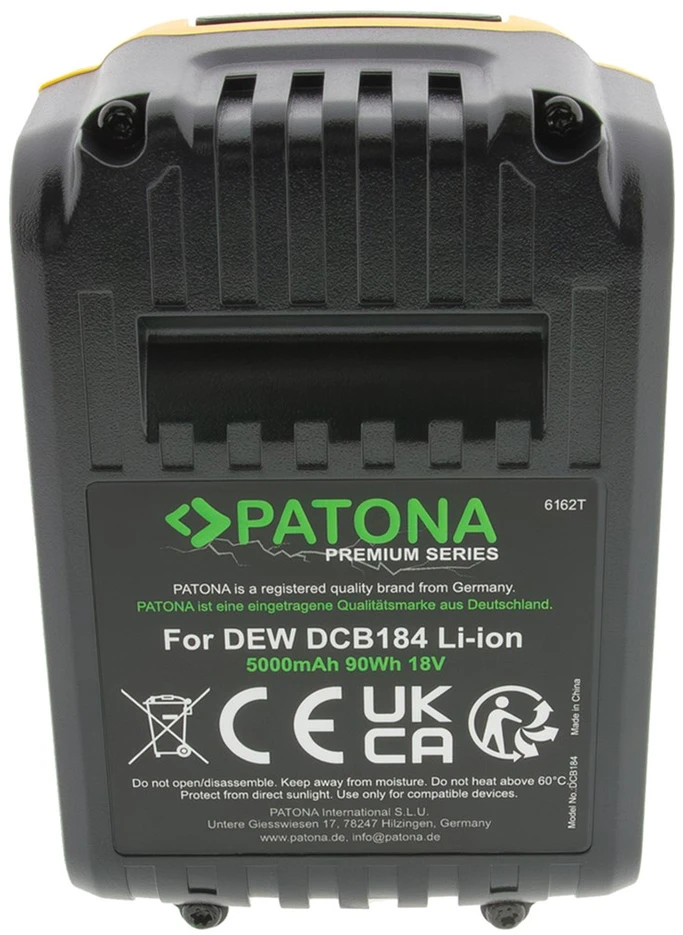 Akumuliatorius Li-Ion 18V 5Ah skirtas Dewalt DCB184 DCD740 DCF885 DCG412 PATONA