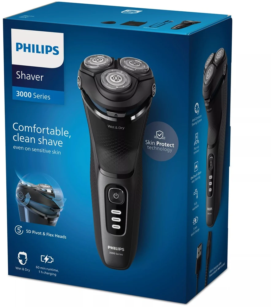 „Philips Wet or Dry“ elektrinis skustuvas S3244/12, „Wet&Dry“, „PowerCut“ peilių sistema, „5D Flex“ galvutės, 60 min. skutimas / 1 val. įkrovimas, 5 min. greitas įkrovimas