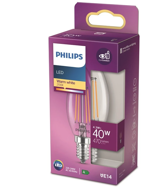 LED lempa Philips Fil, B35, 4.3W, E14, 2700K, 470lm, skaidri