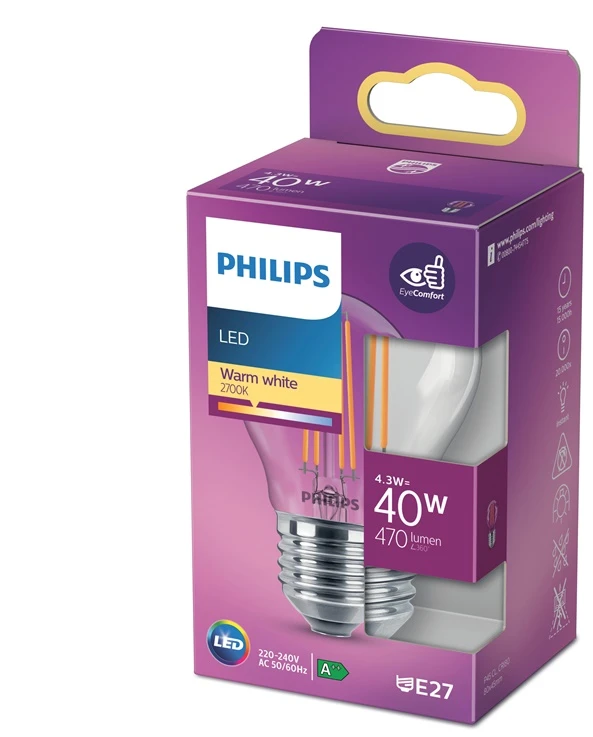 LED lemputė PHILIPS, P45, E27, 4,3 W, 470 lm, 2700 K
