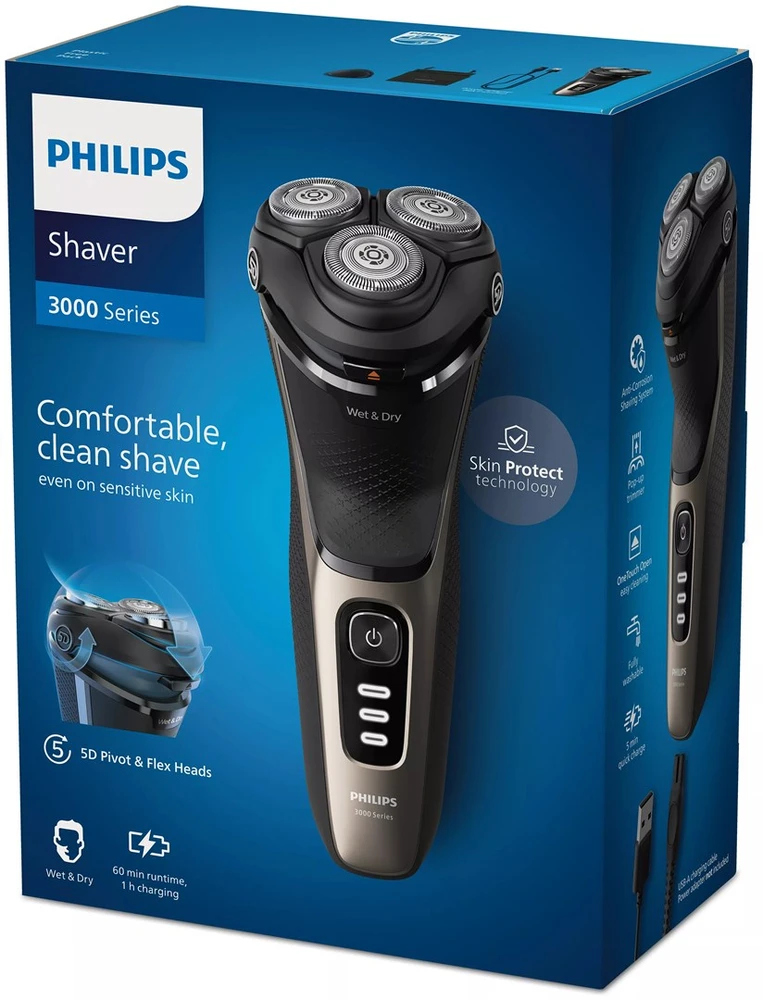 Elektrinis Skustuvas - Philips S3242/12 rotacinis skustuvas, įkraunamas, plaunamas, 60 minučių veikimo laikas, juodas, auksinis