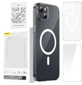 Telefono dėklas Baseus Magnetic Crystal Clear, skirtas iPhone 13 (skaidrus) su viso grūdinto stiklo ekrano apsauga ir valymo rinkiniu