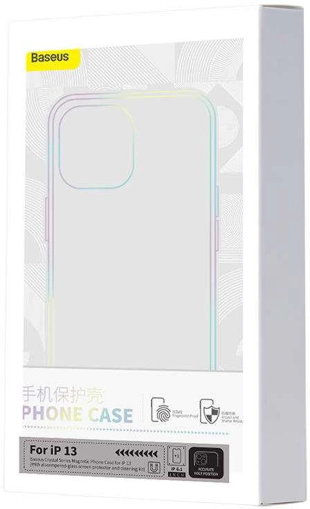Telefono dėklas Baseus Magnetic Crystal Clear, skirtas iPhone 13 (skaidrus) su viso grūdinto stiklo ekrano apsauga ir valymo rinkiniu
