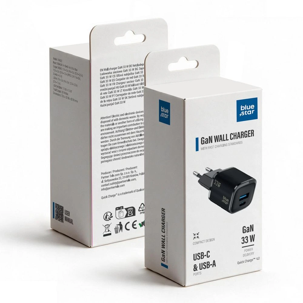 BlueStar Phone charger Blue Star Nano GaN USB C + USB A QC4.0 PD 3A 33W VT-332 juodas
