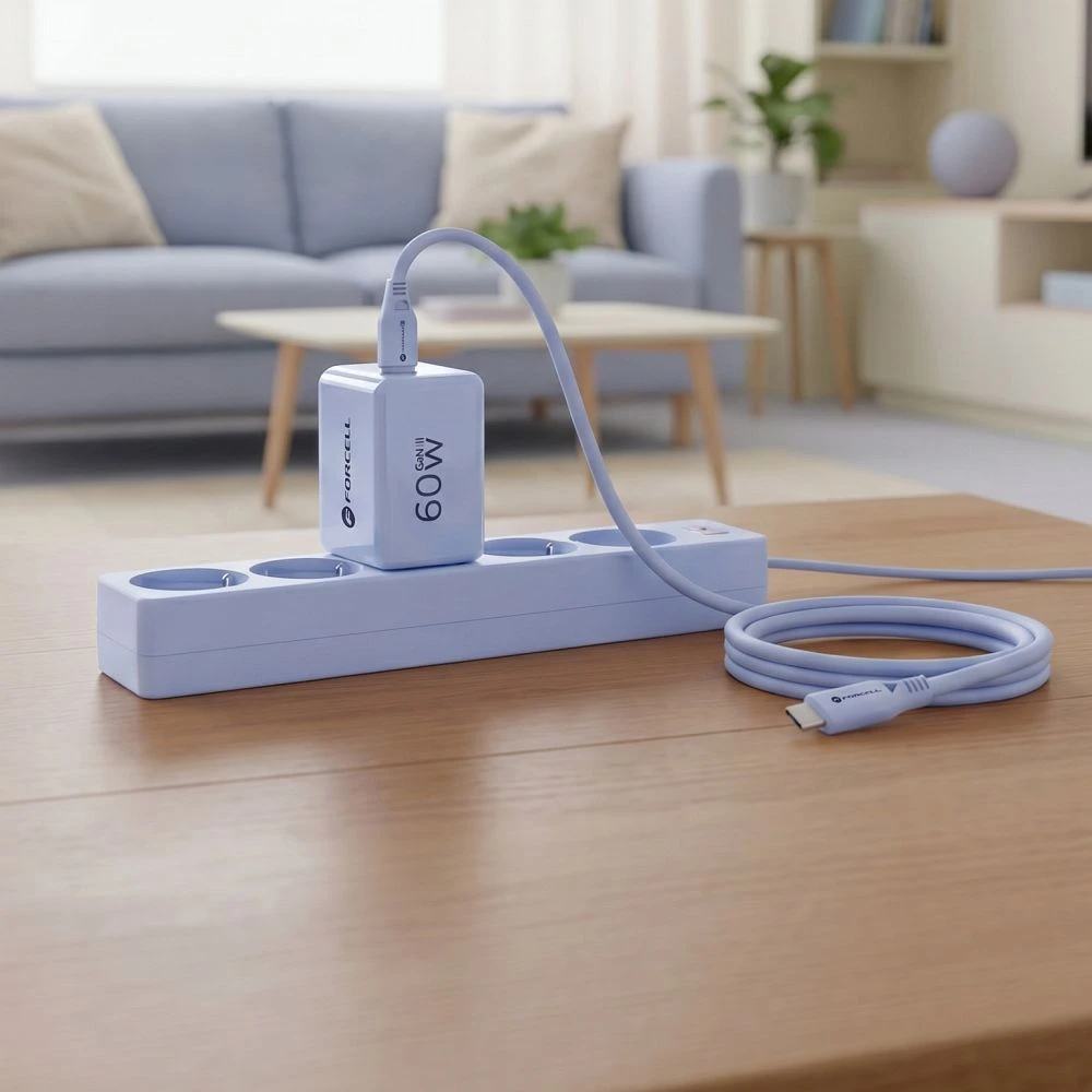 Phone charger Forcell F-Energy GaN III Crystal Color 2x USB C AVS SSFC3.0 60W + silicone cable USB C to USB C VT-60 mėlynas