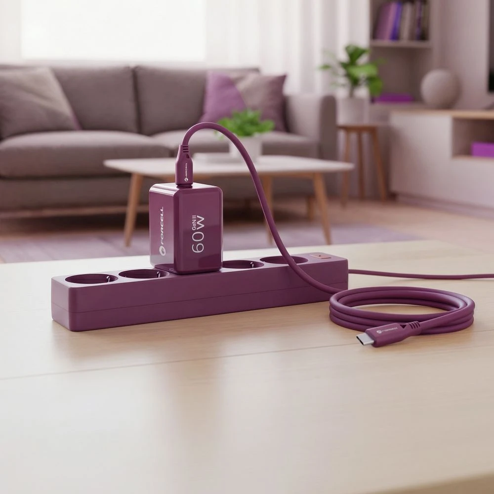 Telefono įkroviklis Forcell F-Energy GaN III Crystal Color 2x USB C AVS SSFC3.0 60W + silikoninis laidas USB C į USB C VT-60 bordo