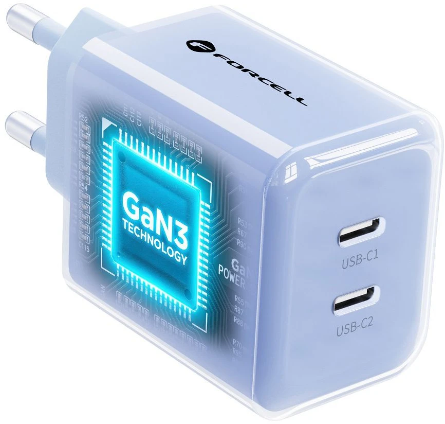 Phone charger Forcell F-Energy GaN III Crystal Color 2x USB C AVS SSFC3.0 60W + silicone cable USB C to USB C VT-60 mėlynas