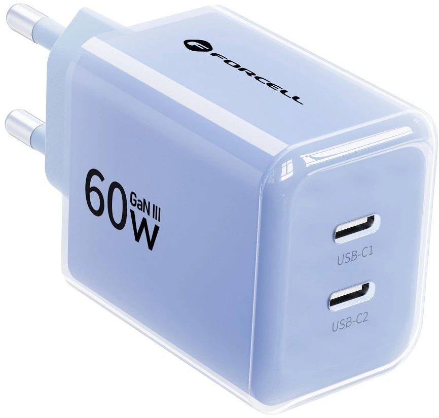 Phone charger Forcell F-Energy GaN III Crystal Color 2x USB C AVS SSFC3.0 60W + silicone cable USB C to USB C VT-60 mėlynas