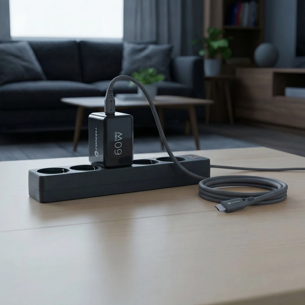 Phone charger Forcell F-Energy GaN III Crystal Color 2x USB C AVS SSFC3.0 60W + silikoninis laidas USB C į USB C VT-60 juodas