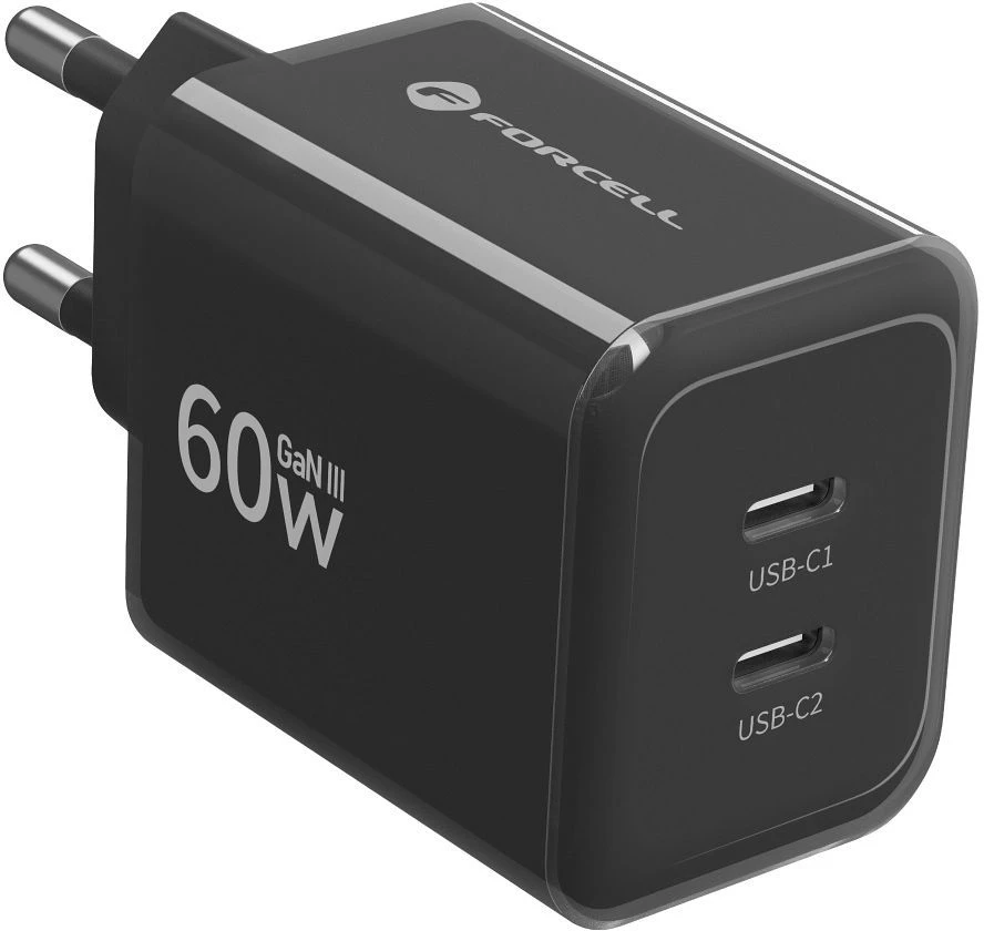 Phone charger Forcell F-Energy GaN III Crystal Color 2x USB C AVS SSFC3.0 60W + silikoninis laidas USB C į USB C VT-60 juodas