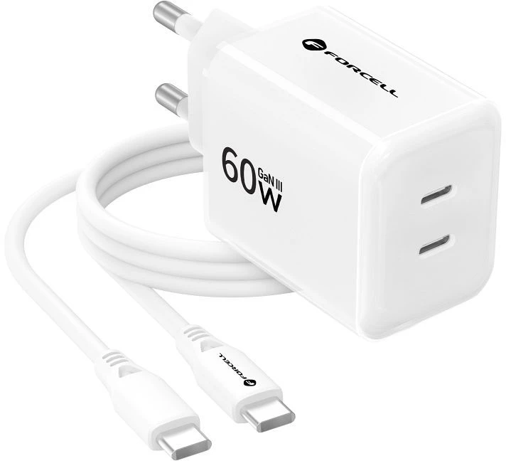 Telefono įkroviklis Forcell F-Energy GaN III Crystal Color 2x USB C AVS SSFC3.0 60W + silikoninis laidas USB C į USB C VT-60 baltas