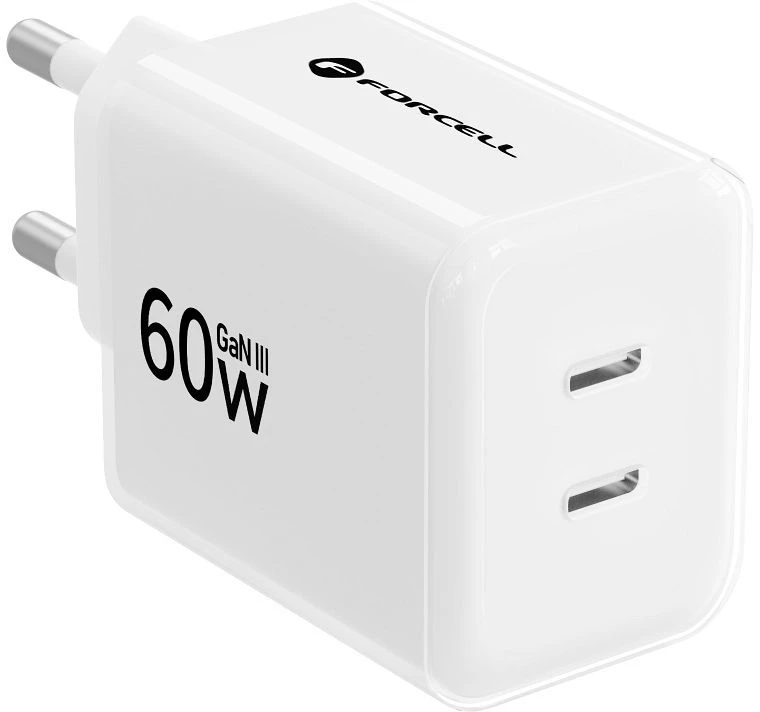Telefono įkroviklis Forcell F-Energy GaN III Crystal Color 2x USB C AVS SSFC3.0 60W + silikoninis laidas USB C į USB C VT-60 baltas